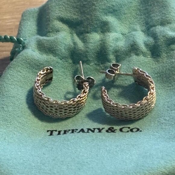Mint Condition, Tiffany & Co. Sterling Silver Somerset Mesh Hoop Earrings - Picture 1 of 5